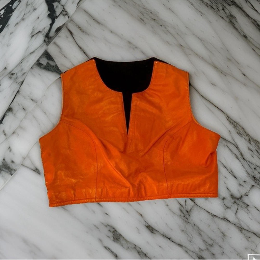 VTG RARE Leather Orange Crop Top Biker Style Large